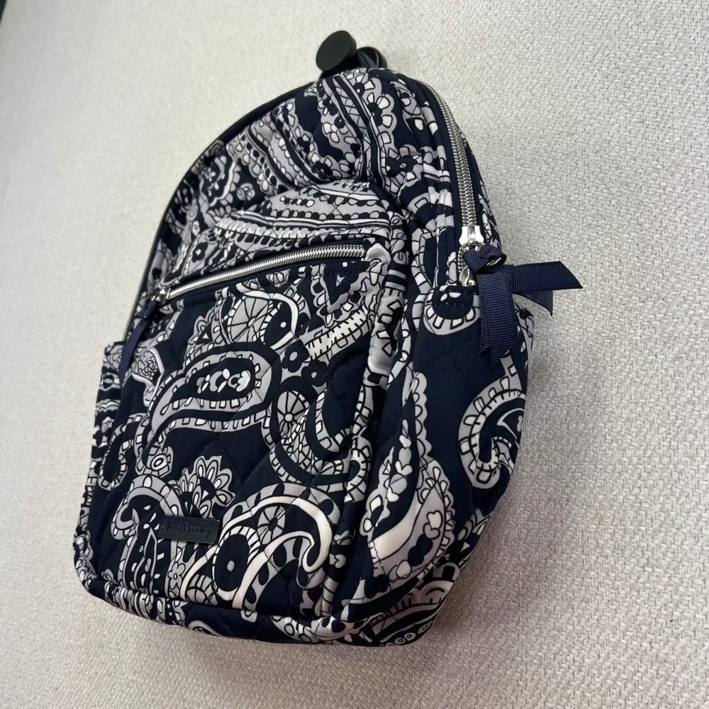Vera Bradley Iconic Small Backpack Deep Night Paisley Quilted Cotton Navy Travel